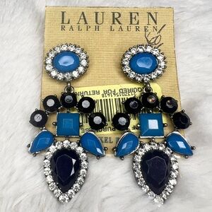 NWT Lauren Ralph Lauren Blue & Black Rhinestone Dangle Statement Earrings
